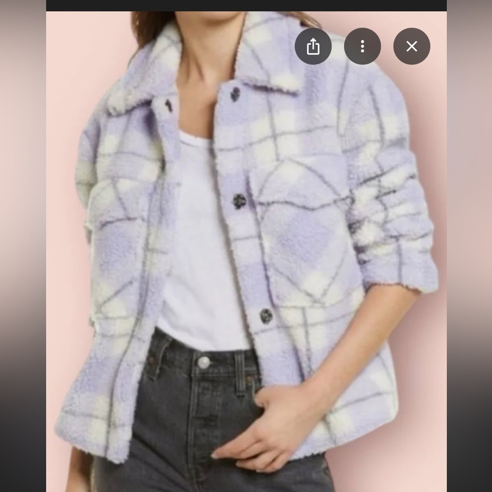 7 For All‎ Mankind Plaid Purple and Cream Teddy Trucker Jacket Small - Picture 2 of 9